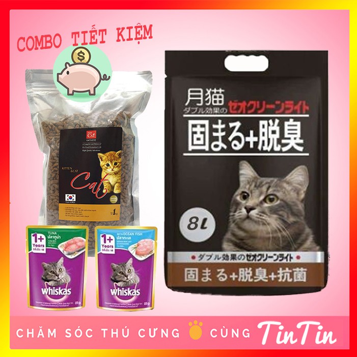 COMBO CHO MÈO LỚN: Cát 5L/8L &amp; Thức ăn hạt Cat's eye 1 kg &amp; 2 túi Pate Whiskas 85g Giá rẻ