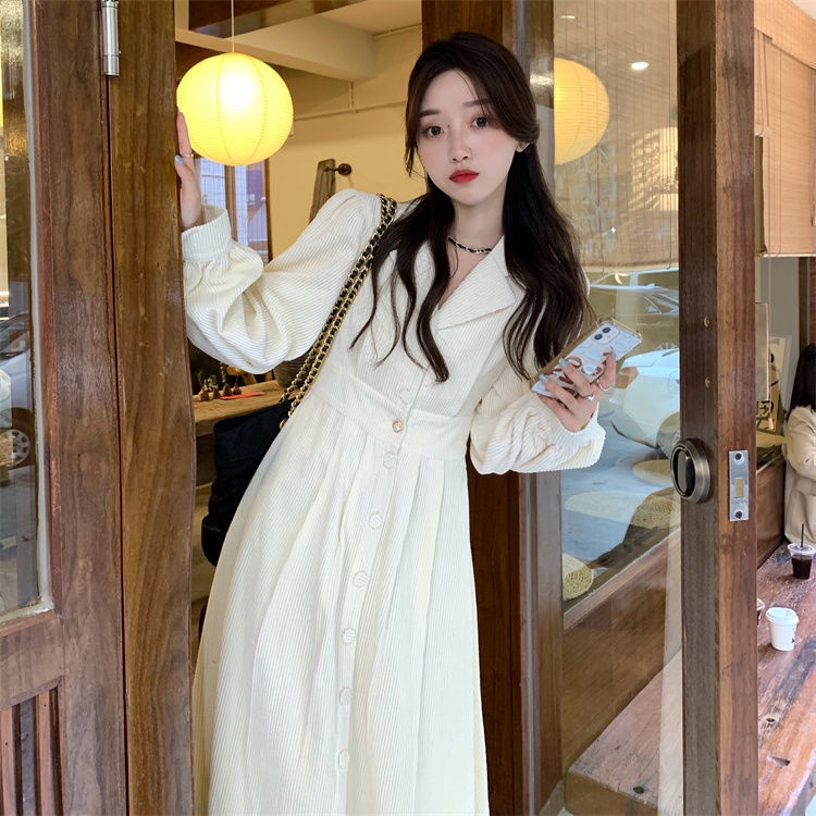 IELGY    Đầm Nhung Cổ polo Dáng Dài Vừa Thời Trang Pháp Thanh Lịch Cho Nữ