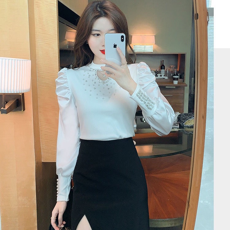 Áo Sơ Mi Chiffon Tay Dài Phồng Cổ Cao Thời Trang Dành Cho Nữ