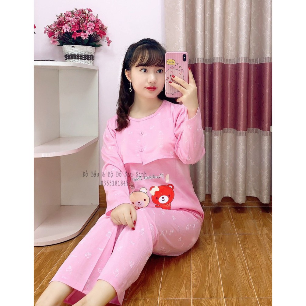 A1S [SIÊU RẺ] Bộ đồ bầu sau sinh mặc nhà con Gấu cotton dài tay, chất mát thoáng 4 K01