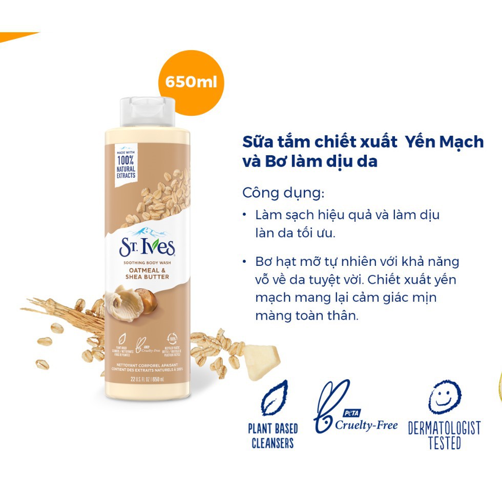 Sữa tắm StIves yến mạch, sữa tắm tẩy tế bào chết cơ thể StIves Oatmeal &amp; Shea Butter 650ml