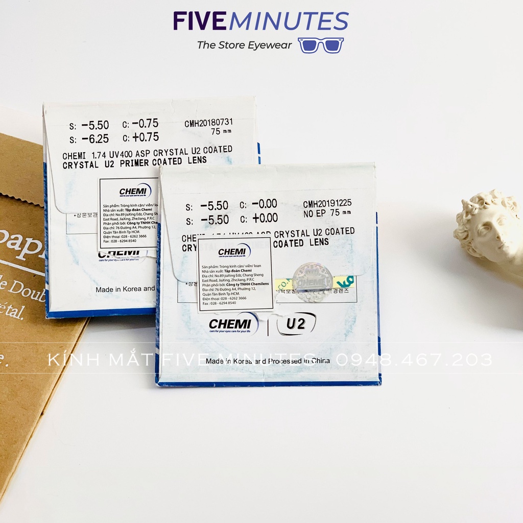 Tròng kính cận Chemi Hàn quốc U2_CRYSTAL 1.74 Loại Siêu mỏng cho các bạn độ cao ( 1-12 độ )
