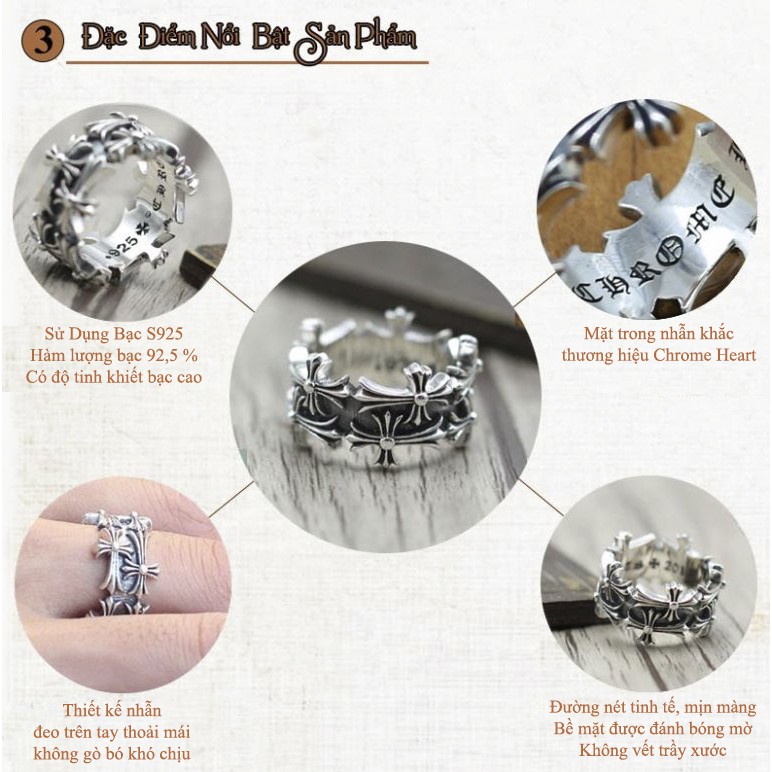 Nhẫn bạc nam nữ CH thập tự chất liệu bạc Thái 925 phong cách trẻ trung cá tính thương hiệu Viễn Chí Bảo N100158