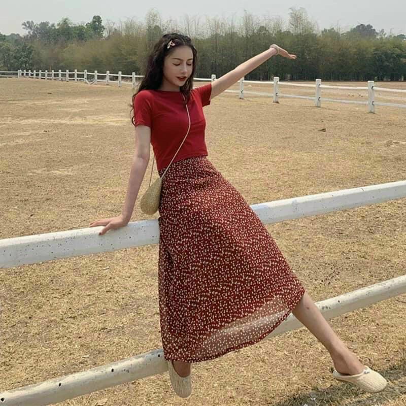 SET ÁO THUN KÈM CHÂN VÁY HOA (KÈM VIDEO HÌNH THẬT)