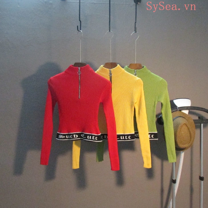 Áo Croptop Tay Dài Phối Khóa Kéo Thời Trang Cho Nữ