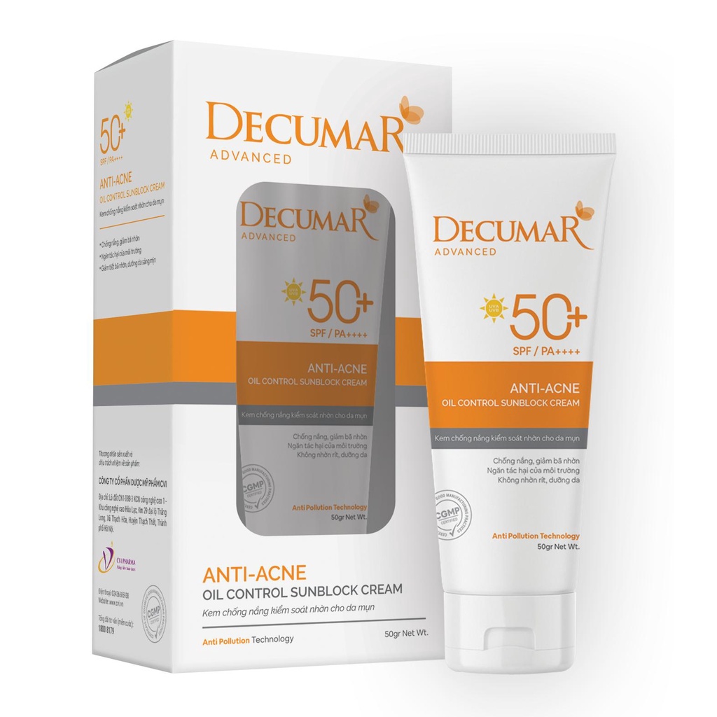 Kem Chống Nắng KIỂM SOÁT NHỜN cho da mụn Decumar Advanced Sunblock SPF50 (50gr)