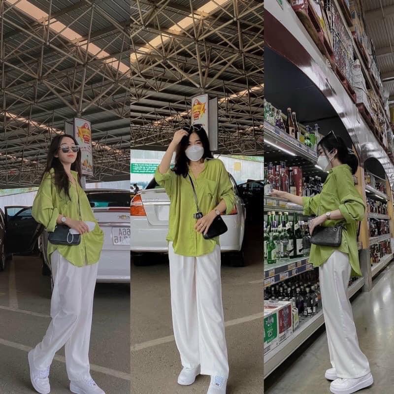 Sét áo sơ mi xanh cốm kèm quần ống rộng trắng- bộ đồ nữ hàn quốc áo chất lụa quần chất tuyết mưa lưng cao ulzzang