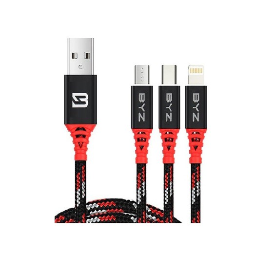 Cáp sạc vài dù  3 đầu BYZ Data 3 in 1 (USB to Type C/ Lightning/ Micro, 3A Fast Charging & Sync Data C @BYZ @capbadau