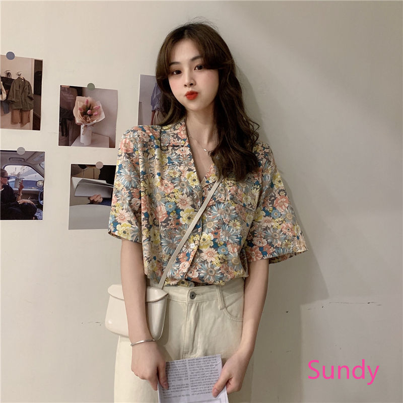 Áo Sơ Mi Chất Chiffon Hoạ Tiết Hoa Phong Cách Retro Cho Nữ