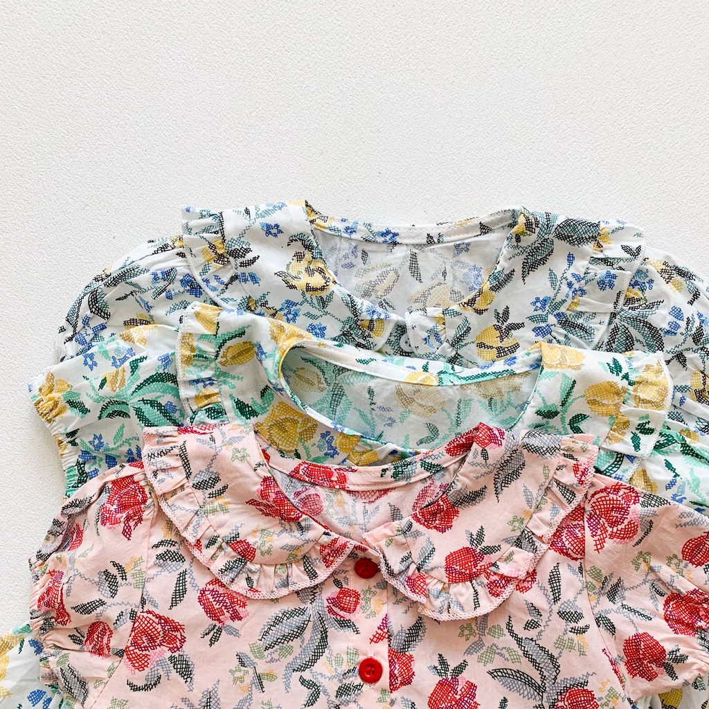 Bộ áo liền quần tay ngắn hoạ tiết hoa + băng đô cài tóc xinh xắn dành cho bé