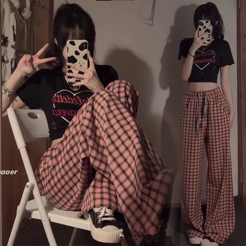 Bộ Áo Ngắn Tay + Quần Dài Ống Rộng Lưng Cao Kẻ Caro Đen Hồng Thời Trang Mùa Hè Cho Nữ