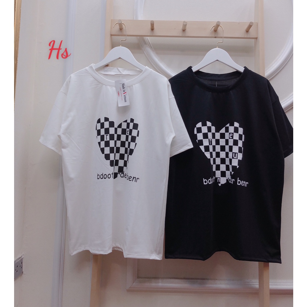 Áo Phông Trái Tim Ô Vuông Unisex Áo Thun Nữ Cộc Tay Cổ Tròn Dáng Rộng In Hình 2 Màu