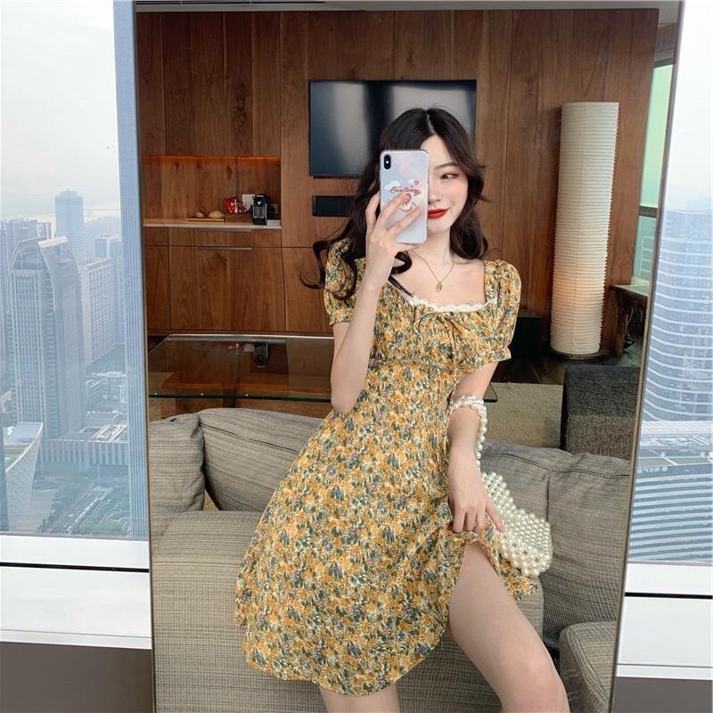 Đầm váy hoa cổ vuông nhún ngực tay bo 2 lớp có dây buộc eo