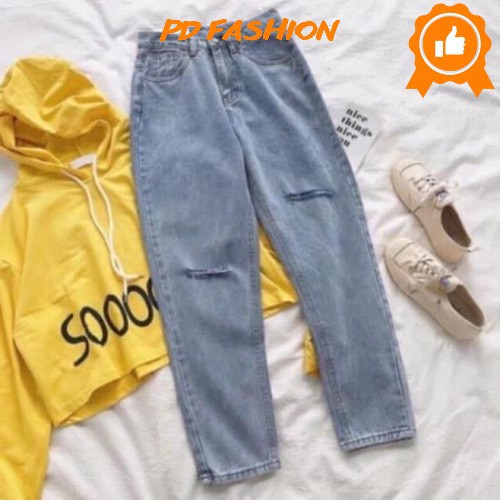 Quần baggy nữ quần bò jeans nữ rách gối cạp cao PD FASHION