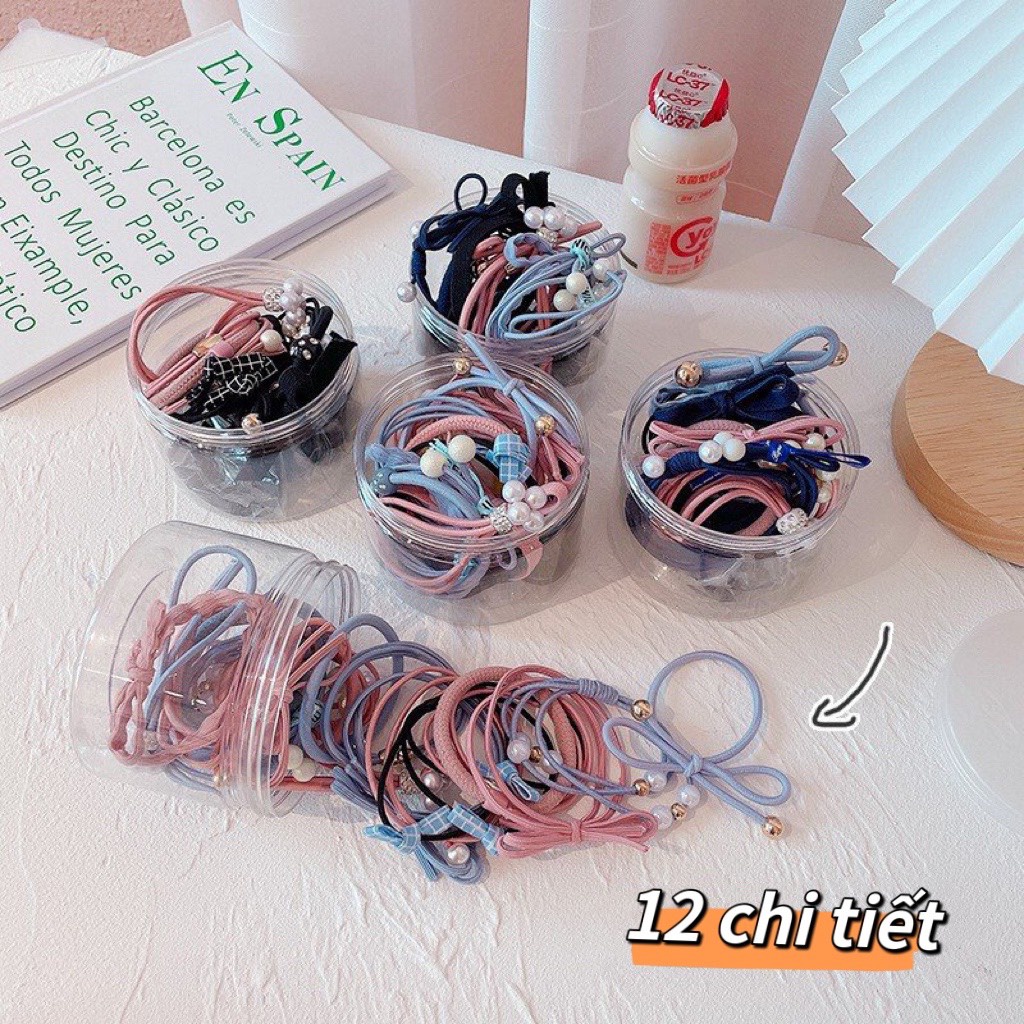 Hộp dây chun buộc tóc Hàn Quốc set thun cột tóc 12 chi tiết