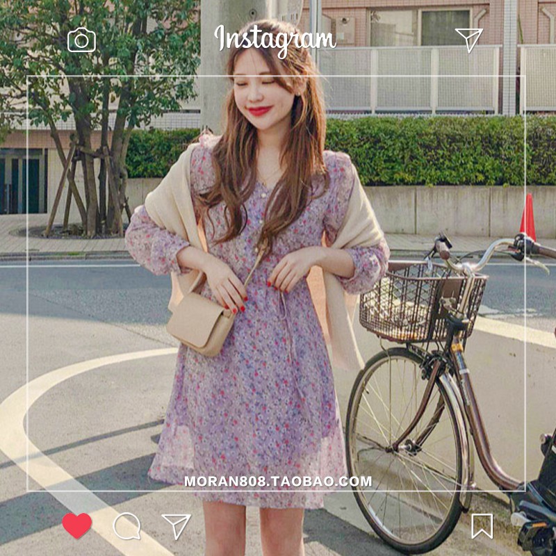 Váy MORAN hoa nhí dài tay dáng xòe Vintage Hàn Quốc | BigBuy360 - bigbuy360.vn