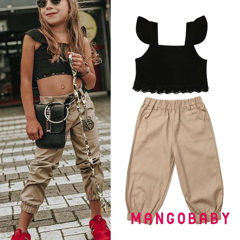 Bộ 2 Món Gồm Áo Thun Croptop + Quần Dài Cho Bé Gái