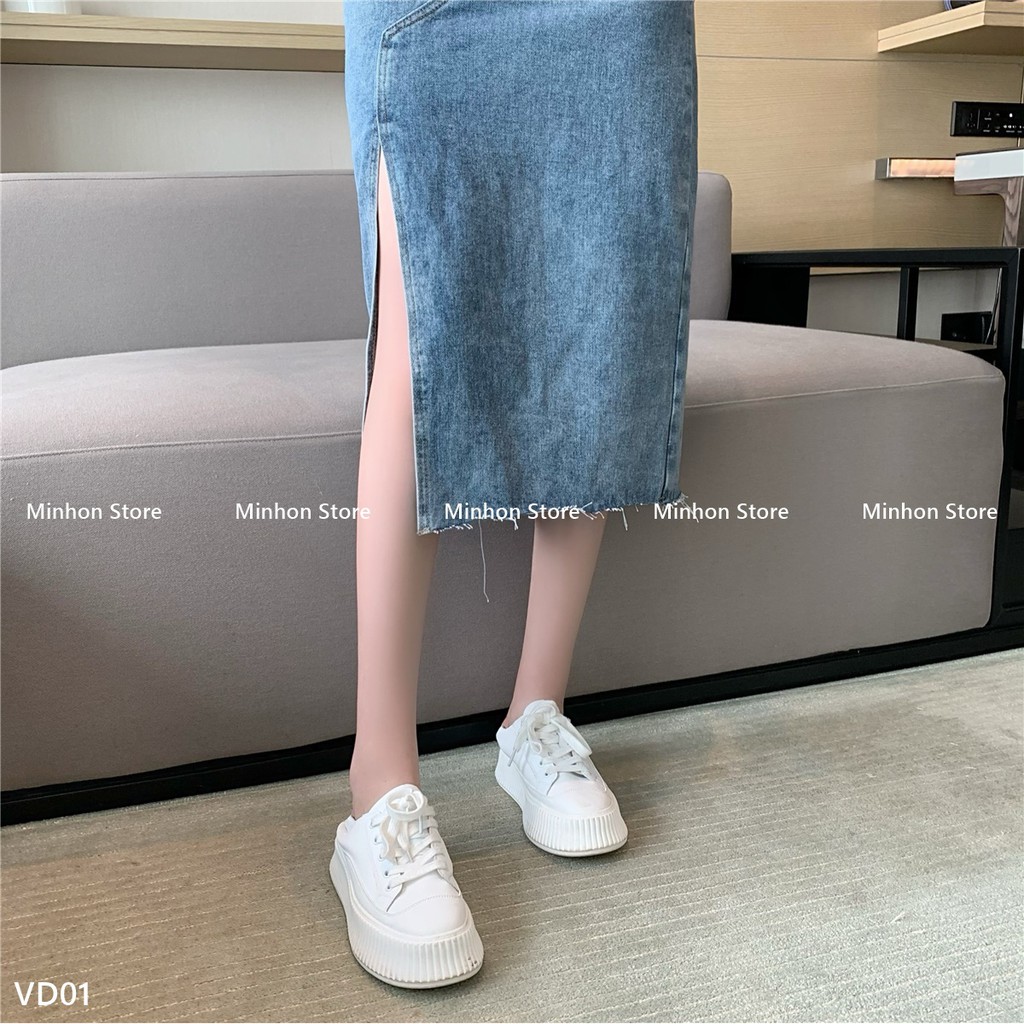 [Sẵn + Đai] Đầm Bò, Chân Váy Bò Dài Xẻ Tà Kèm Đai Nổi Bật, Trẻ Trung, Trendy (Minhon Store VD01) | BigBuy360 - bigbuy360.vn