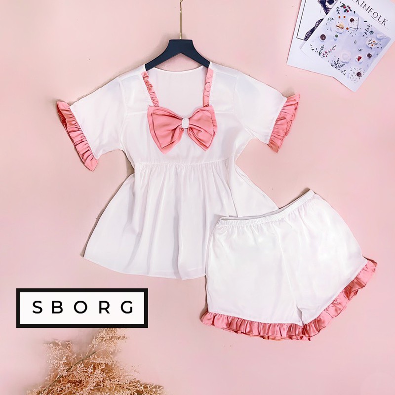 Đồ ngủ cute SBORG đồ bộ mặc nhà lụa latin áo babydoll đính nơ cute quần đùi viền bèo freesize dưới 60kg quà tặng vợ