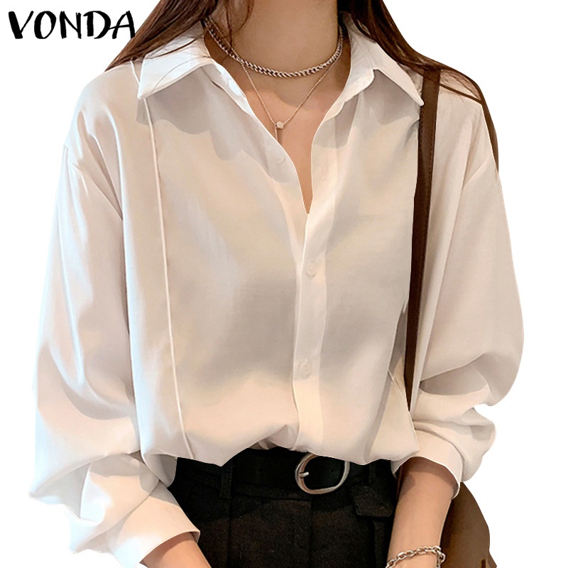 Áo sơ mi VONDA tay dài màu trơn cổ mép lật phong cách Hàn Quốc cho nữ