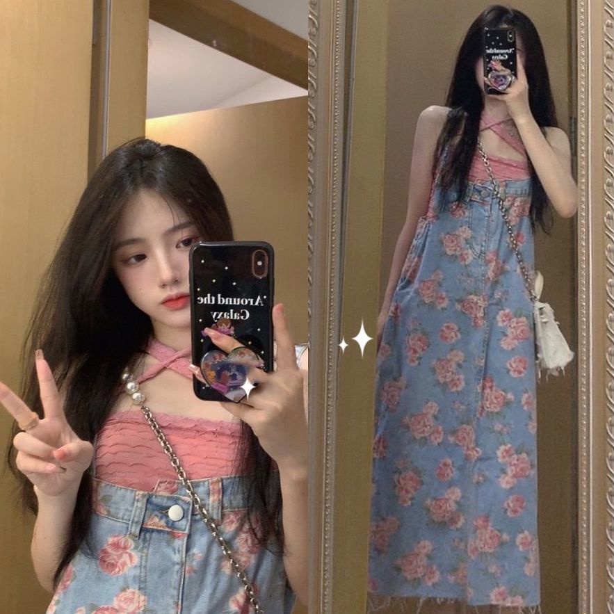 Jiashucheng Xiaoxiangfeng Đầm Hai Dây Denim Mỏng Họa Tiết Hoa Ngọt Ngào Xinh Xắn Cho Nữ