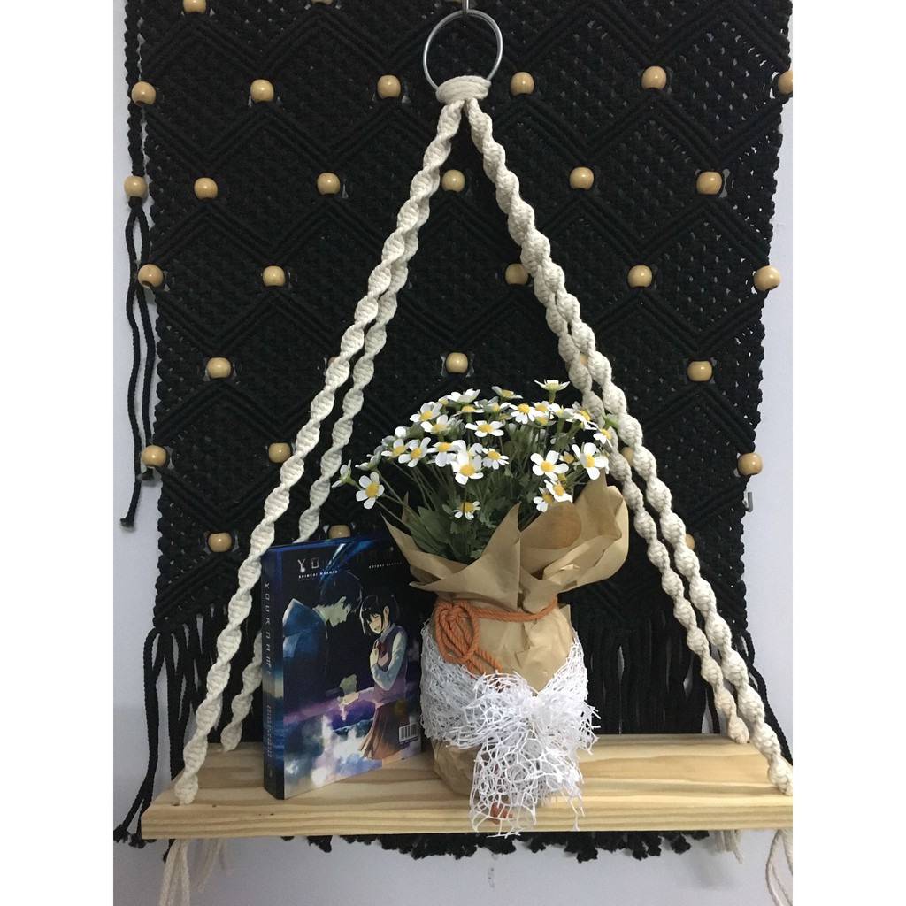 Kệ gỗ treo tường macrame ngang 50cm x 24cm dây thừng trắng làm giá sách, kệ trang trí | Macrame wooden shelf
