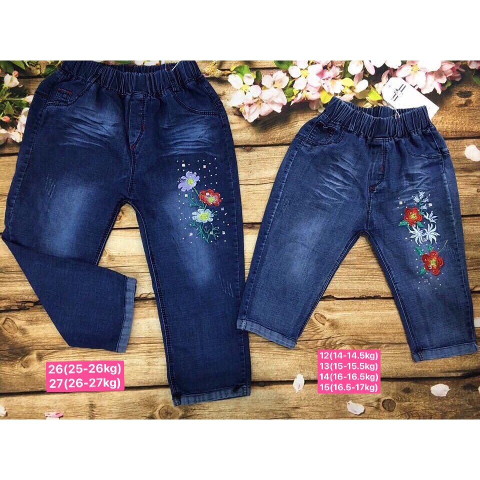 Quần jeans lửng bé gái, Quần ngố bò cho bé gái chất Jeans mềm, co giãn tốt đính Hoa cực xinh-MINKIDS