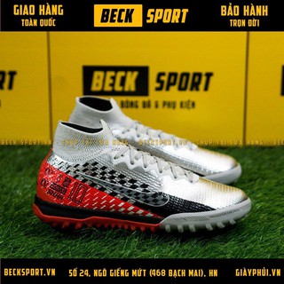 Giày Bóng Đá Superfly Neymar Bạc Vạch Đen Gót Đỏ Cao Cổ V2 TF