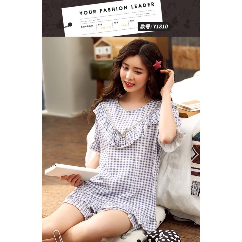 MS177 Bộ mặc nhà kẻ caro viền bèo Quảng Châu