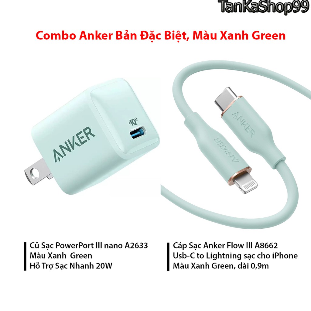 [Mã 1010ELSALE hoàn 7% đơn 300K] Combo Sạc Nhanh Anker PowerPort III Nano A2633 20w + Cáp Usb-C to Lightning 0,9m