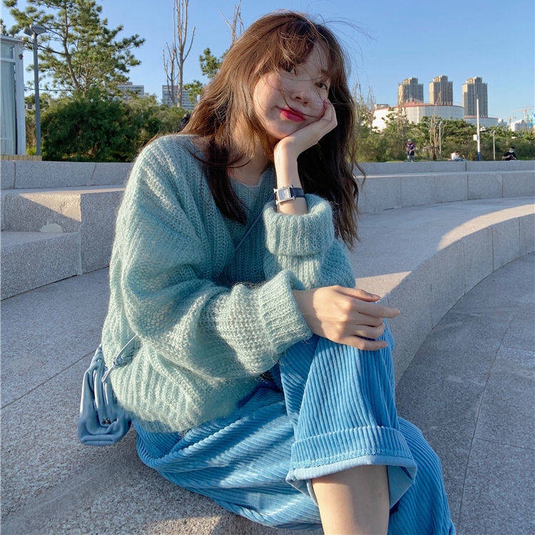 Áo Sweater Dệt Kim Dáng Rộng Màu Sắc Xinh Xắn Cho Nữ