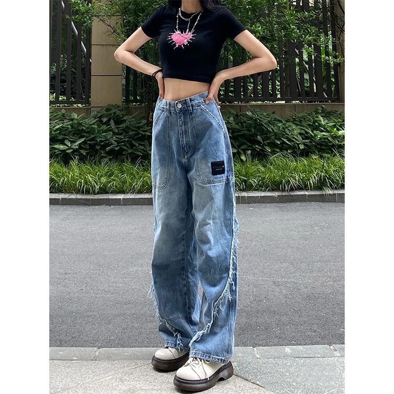 Wide-leg 2022 new design jeans loose straight tube shows thin and tall waist sag feeling hair beard, splice jeans drag fashion blue jeans