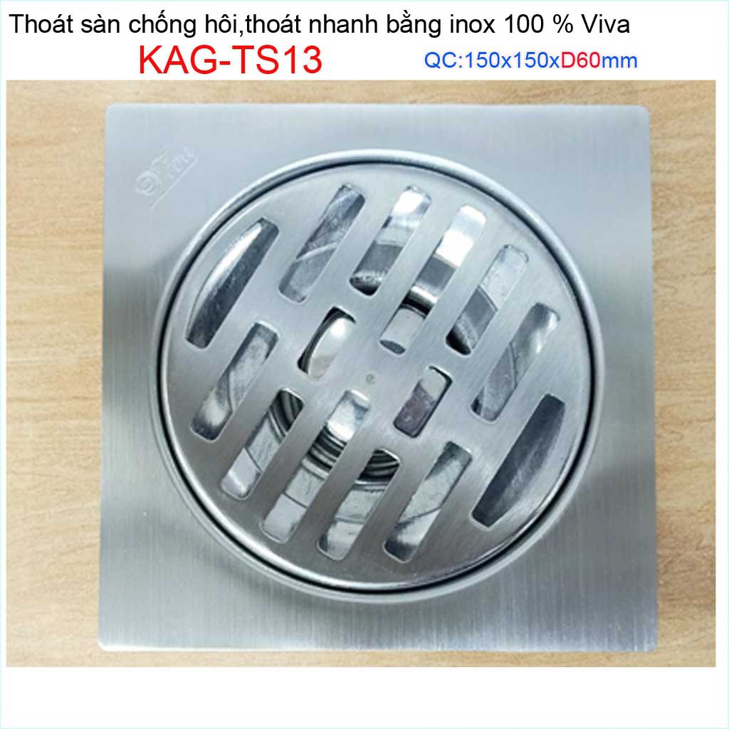 Hố ga thoát sàn Viva ống D60-6cm Inox mờ, phễu thoát nước chống hôi D60 vuông 15x15cm KAG-TS13