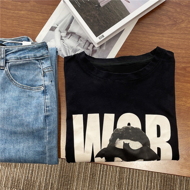 Áo Thun Tay Ngắn Cổ Tròn Dáng Rộng In Chữ Thời Trang Hàn Quốc Cho Nữ