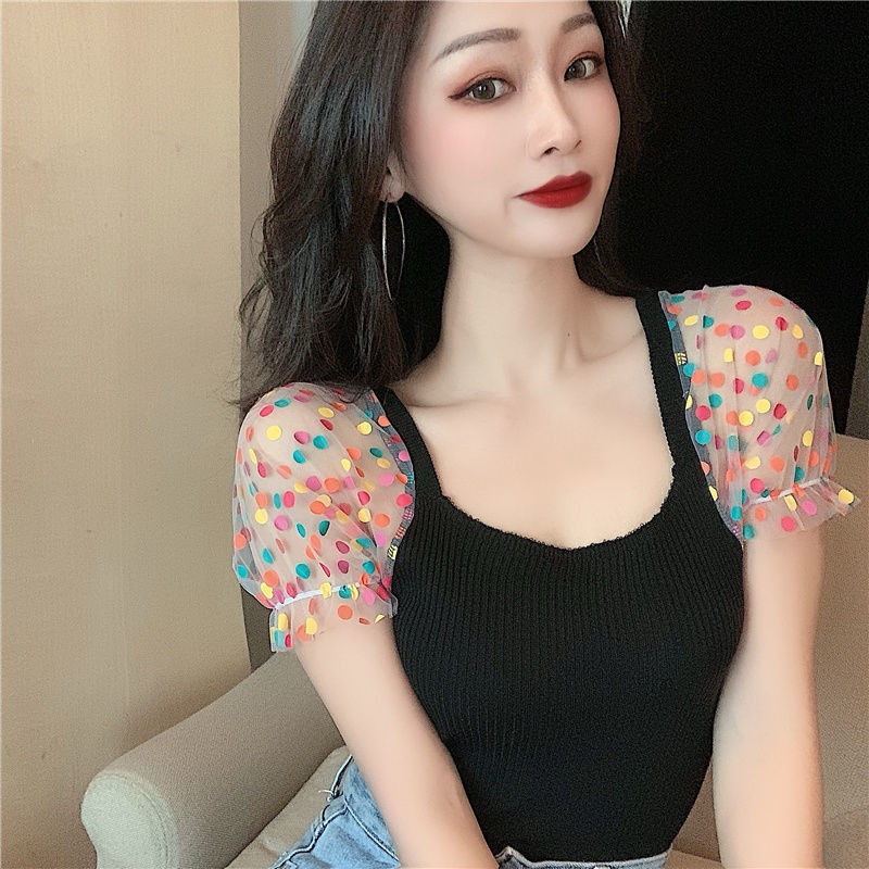 Cô gái mùa hè 2021 Pháp thiết kế cảm giác khâu sợi lưới chấm sóng đan áo thun ngắn tay đáy sơ mi