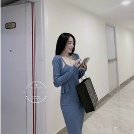 Sét bộ đầm 2 dây phối hàng nút kèm áo khoác cực xinh , chất thun gân mềm mịn
