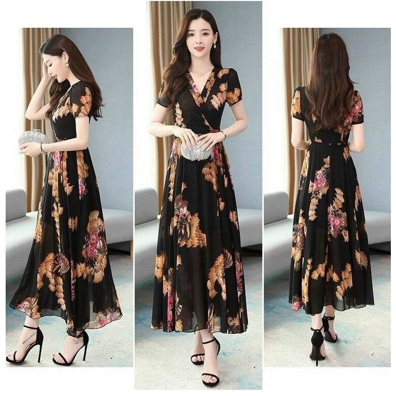 HÀNG QC - ĐẦM XÒE MAXI VOAN HOA CỔ XẾP LY - MH639