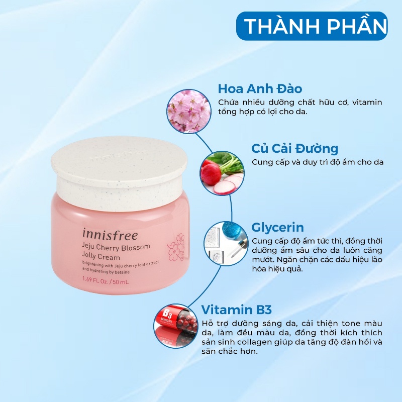 Kem Dưỡng Ẩm Dạng Gel Trong Chiết Xuất Từ Hoa Anh Đào Đảo Jeju Innisfree Cherry Blossom Jelly Cream Hàn Quốc 50ml