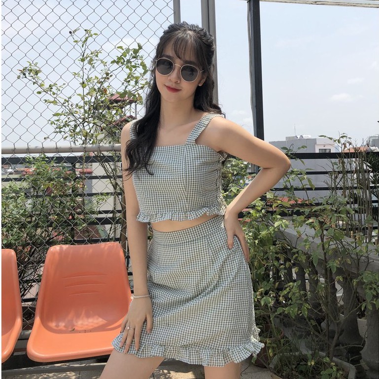 SET ÁO 2 DÂY CHÂN VÁY KẺ Ô VIỀN BÈO TÍM ĐEN XANH ULLZANG - SET ÁO CROPTOP 2 DÂY CHÂN VÁY CHỮ A KẺ CARO HOT | MÃ A558