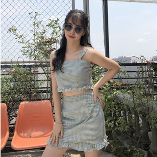 [hàng sẵn] SET ÁO 2 DÂY CHÂN VÁY KẺ Ô VIỀN BÈO TÍM ĐEN XANH ULLZANG - SET ÁO CROPTOP 2 DÂY CHÂN VÁY CHỮ A KẺ CARO