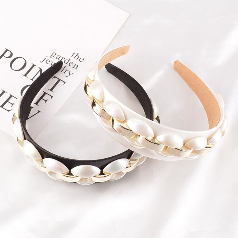 Băng Đô Cài Tóc Bản Rộng Bằng Satin Đính Ngọc Trai Giả Phối Dây Xích Kim Loại Sáng Bóng Phong Cách Retro Dành Cho Nữ