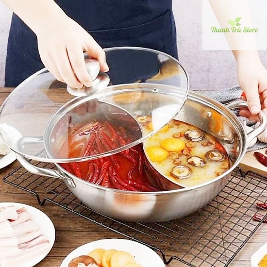 Nồi Lẩu 2 ngăn Inox 304 Nấu Trên Mọi Loại Bếp (Có Nắp Đậy)