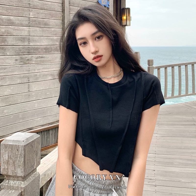 Cocory vn Áo croptop tay ngắn cổ tròn thiết kế độc cá tính cho nữ
