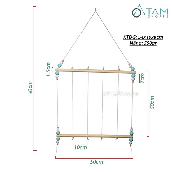 Set khung gỗ treo ảnh 6 dây thừng bi tròn + 12 kẹp gỗ + 01 đinh tường W-KhTA-02