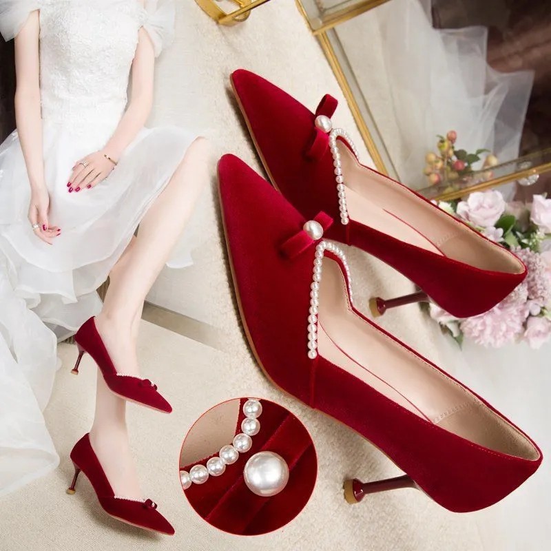 SWEETC giày nữ giày cao gót màu đỏ nơ cô dâu phù dâu giày cưới cao gót