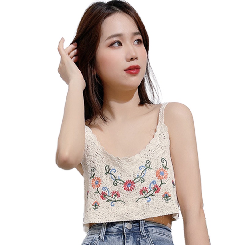 Áo Croptop Dệt Kim Không Tay Thêu Hoa Nhiều Màu Sắc Dành Cho Nữ