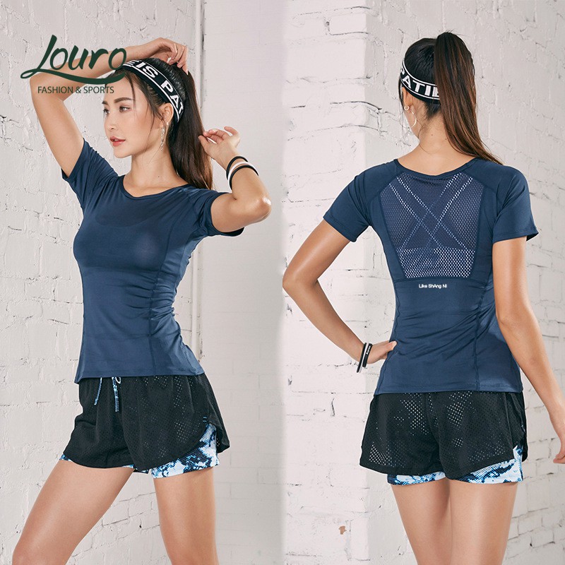 Bộ đồ tập gym nữ Louro SE22, kiểu đồ tập gym nữ cộc, quần short, áo bra, áo lưới - sét 3 món
