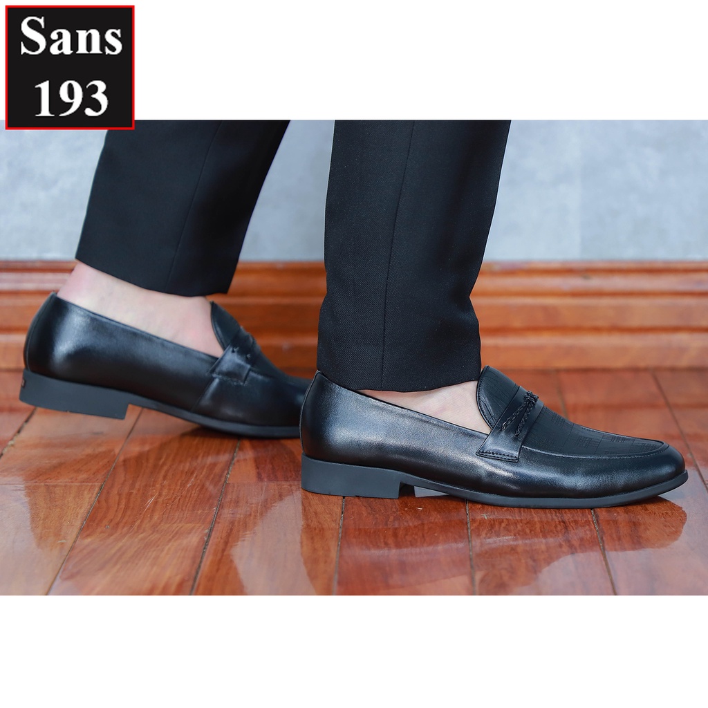 Giày lười nam da bò thật Sans193 penny loafer hoạ tiết đẹp cao cấp giầy mọi moca công sở đen thời trang hàn quốc