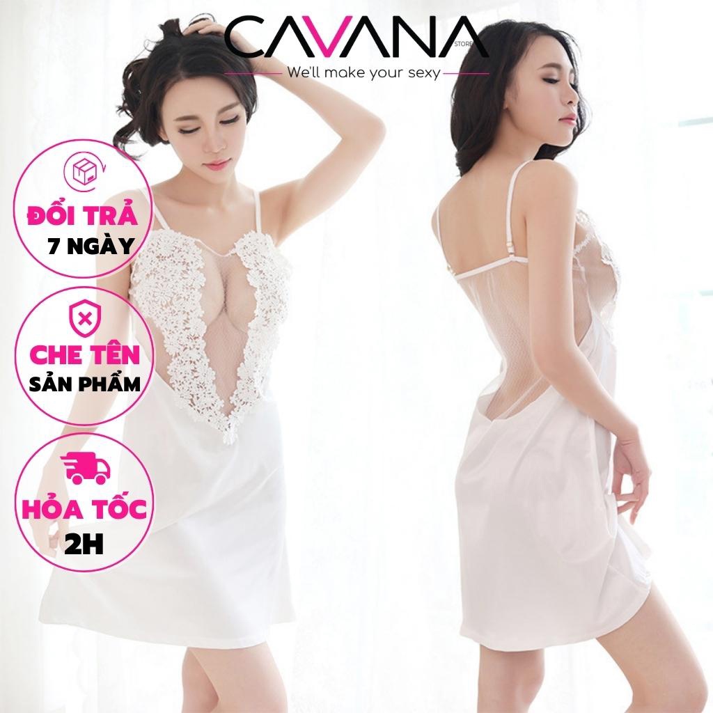 Đồ ngủ sexy nữ, đầm ngủ lụa satin sexy gợi cảm 2 dây sang trọng phối ren xuyên thấu N10 - CAVANA STORE