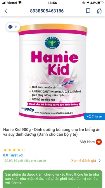 Sữa Hanie Kid tăng cân, phát triển chiều cao, tăng cường sức đề kháng.